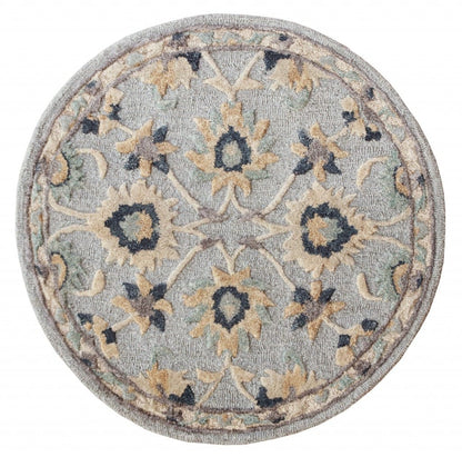 3’ Round Blue And Beige Floral Area Rug