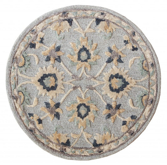 3’ Round Blue And Beige Floral Area Rug