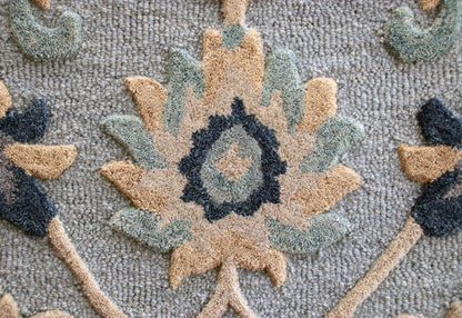 3’ Round Blue And Beige Floral Area Rug