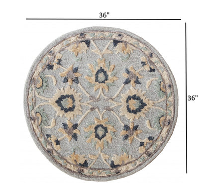 3’ Round Blue And Beige Floral Area Rug