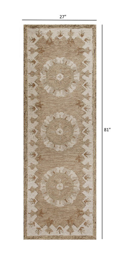 2’ X 7’ Tan Retro Modern Medallion Runner Rug