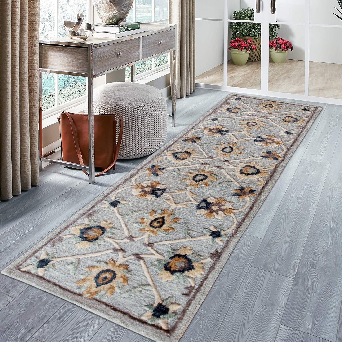3’ Round Blue And Beige Floral Area Rug
