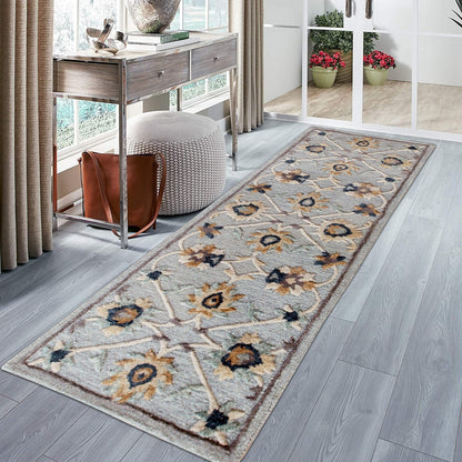 3’ Round Blue And Beige Floral Area Rug