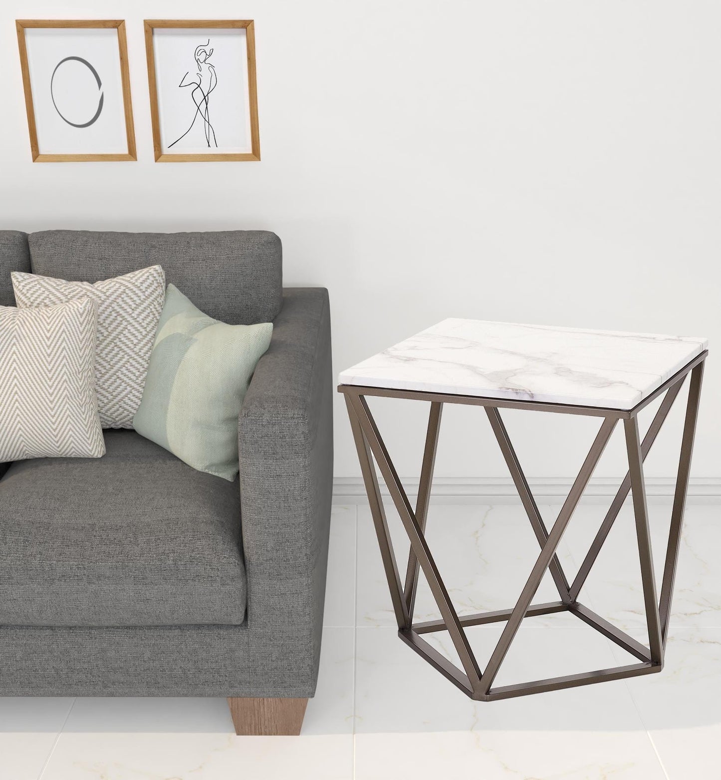 22" Antique Brass And White Stone Rectangular End Table