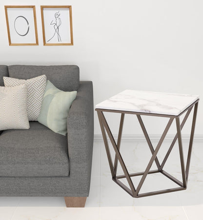 22" Antique Brass And White Stone Rectangular End Table