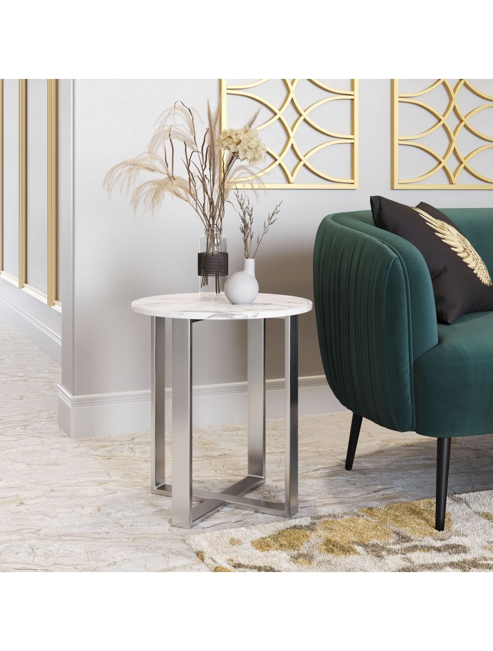 Designer's Choice White Faux Marble and Steel End Table
