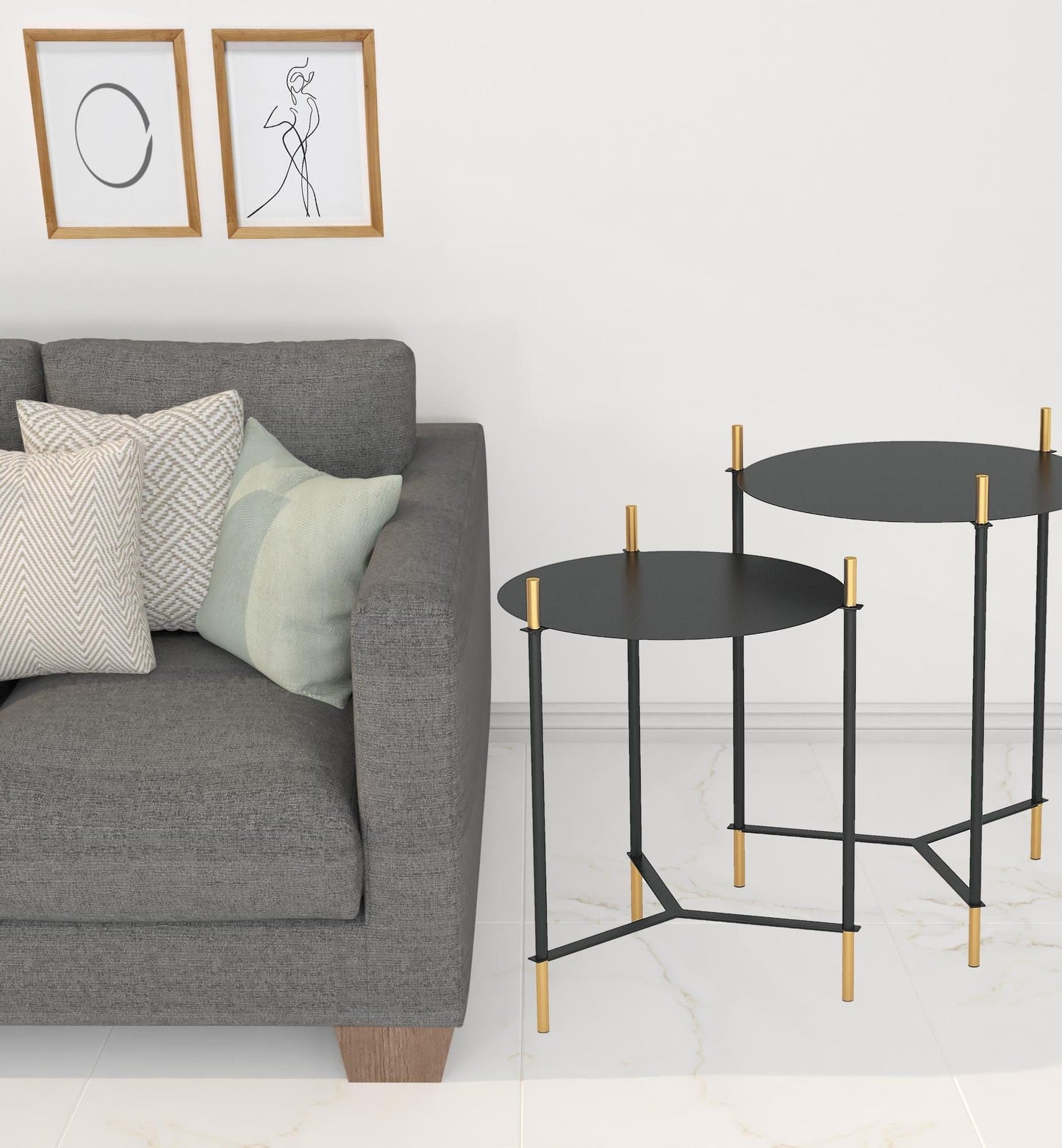 Set Of Two 24" Gold And Black Glass Round End Table