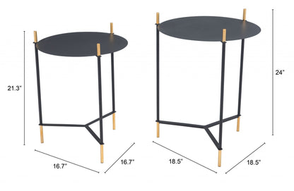 Set Of Two 24" Gold And Black Glass Round End Table
