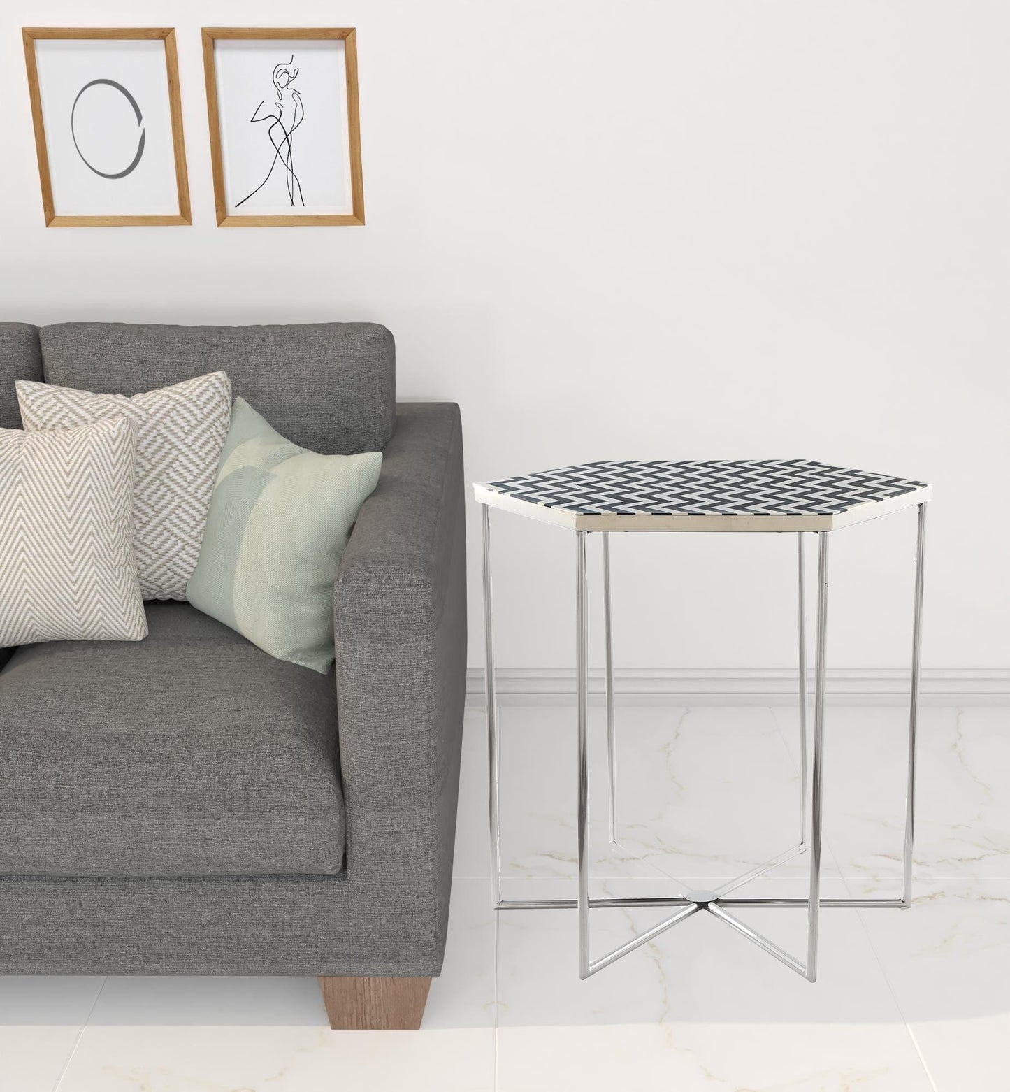 21" Silver And Black And White Stone Hexagon End Table