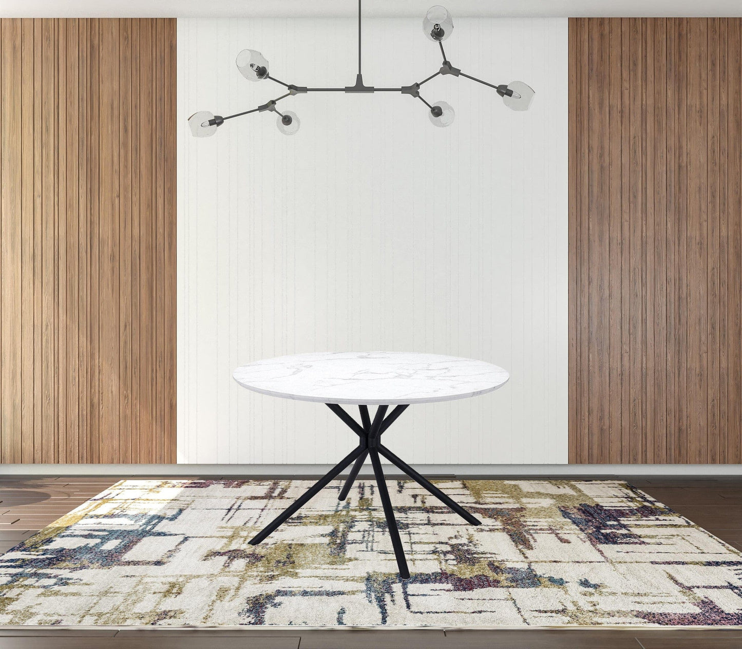 47" White Faux Marble Print And Black Round Dining Table