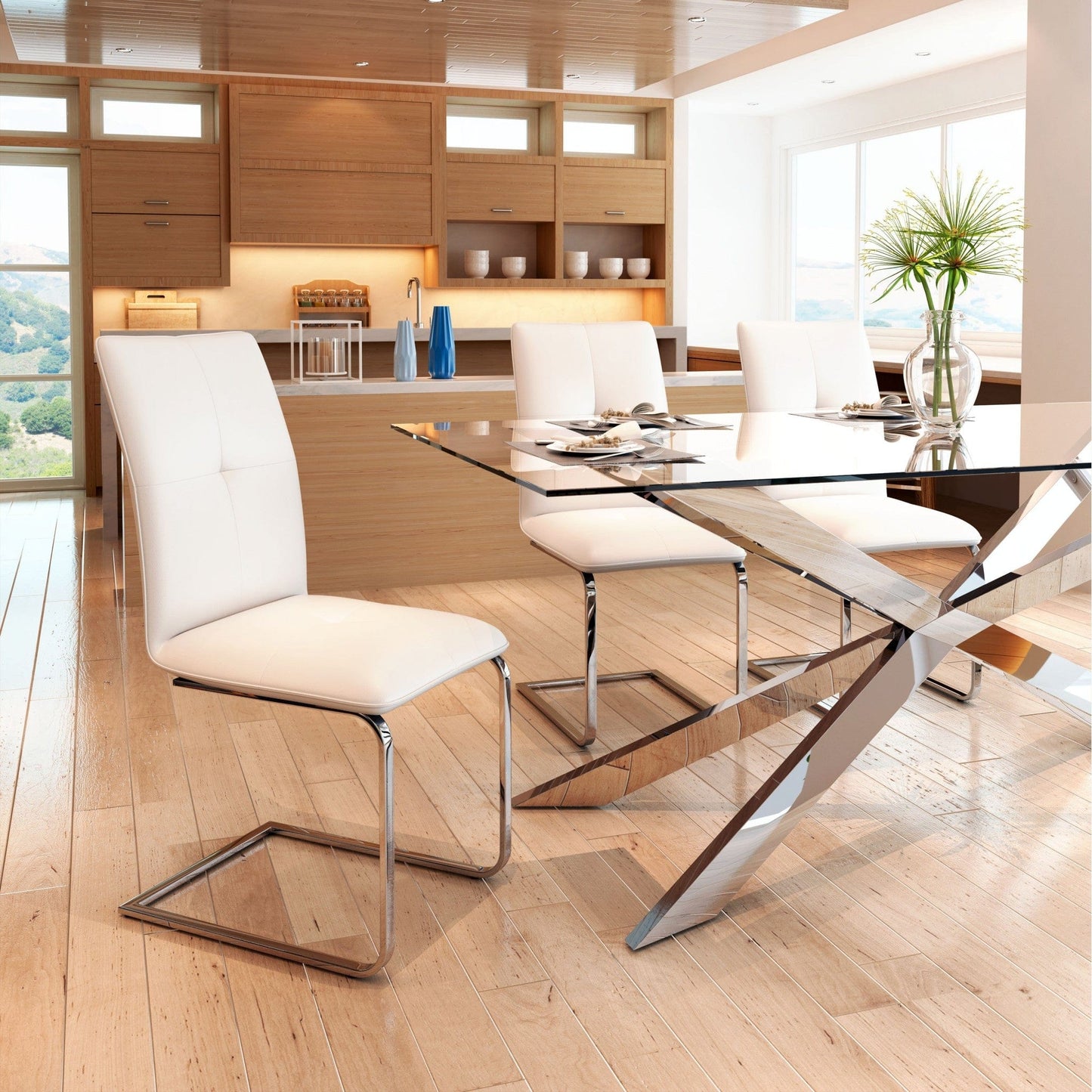 Set of Two White Faux Leather and Chrome Contempo Comfy Dining Chairs