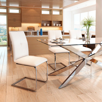 Set of Two White Faux Leather and Chrome Contempo Comfy Dining Chairs