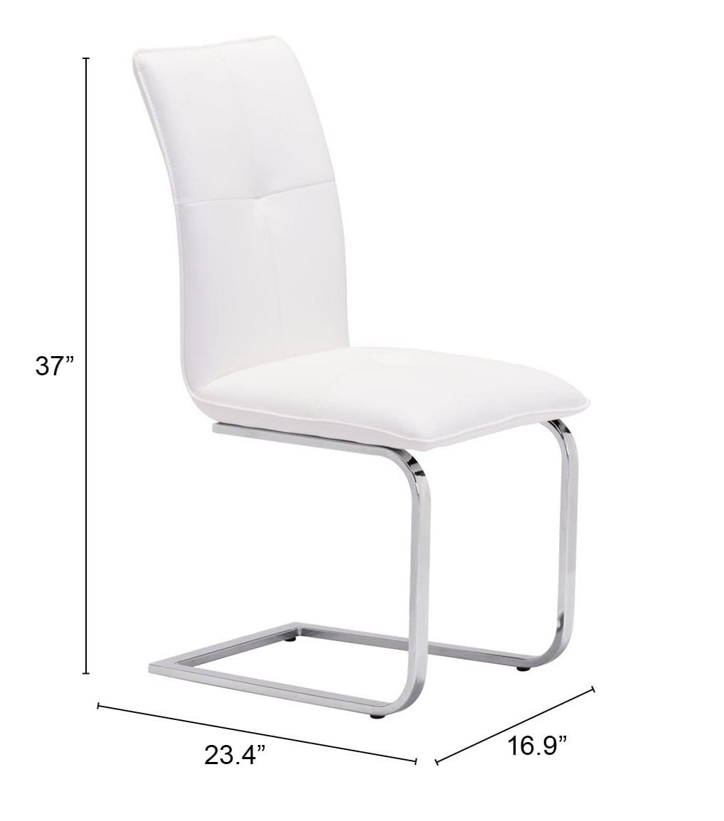 Set of Two White Faux Leather and Chrome Contempo Comfy Dining Chairs