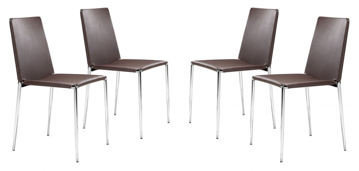 Set of Four Brown Faux Leather and Steel Standard Stackable Dining or Accent Chairs