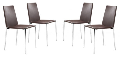 Set of Four Brown Faux Leather and Steel Standard Stackable Dining or Accent Chairs