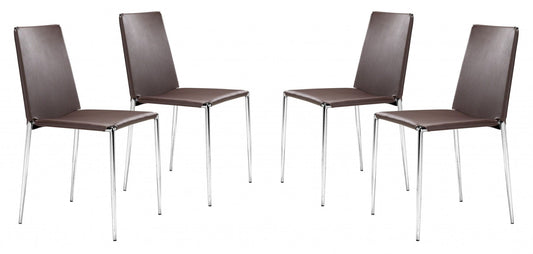 Set of Four Brown Faux Leather and Steel Standard Stackable Dining or Accent Chairs
