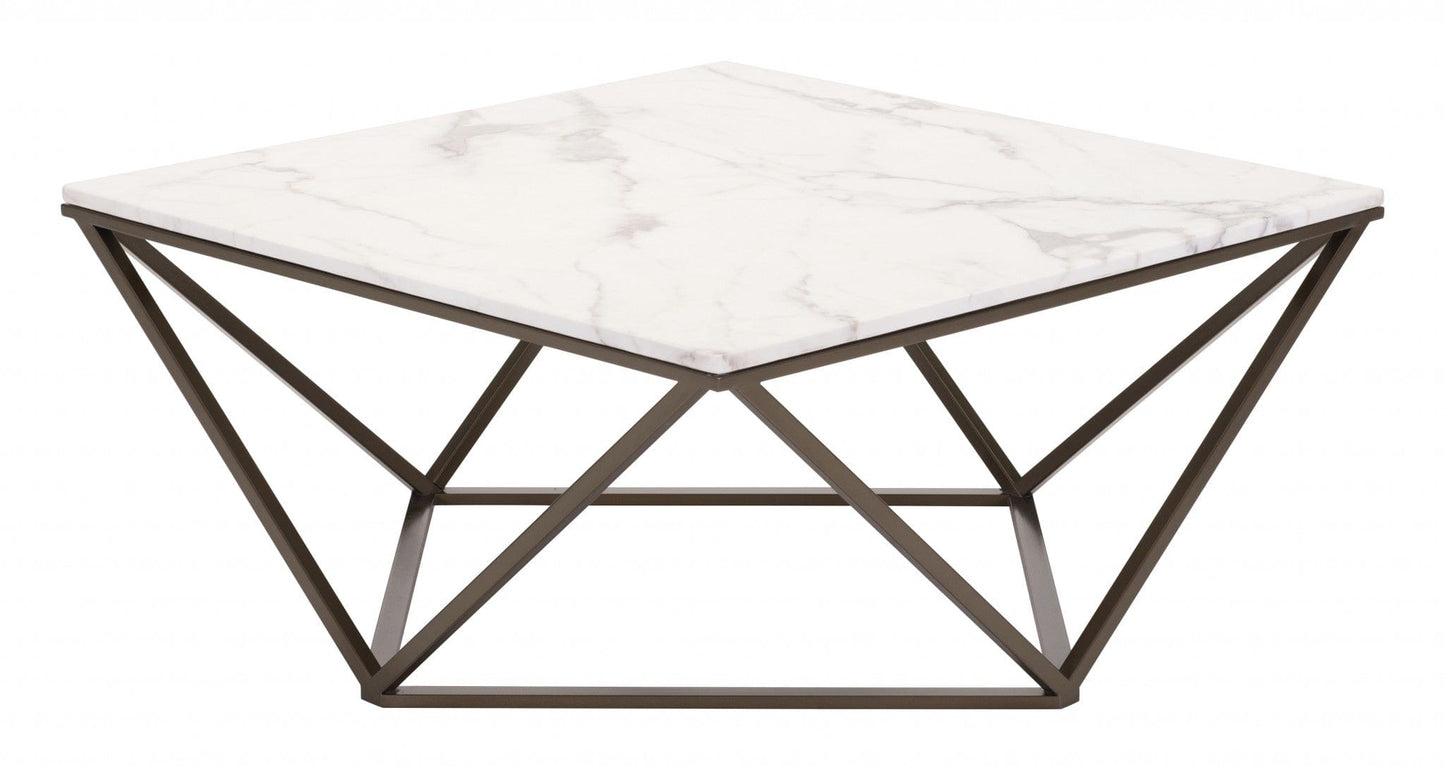 36" Antique Brass And White Faux Marble Stone Coffee Table