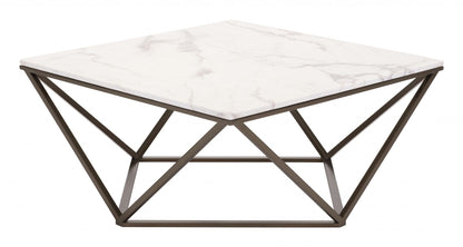 36" Antique Brass And White Faux Marble Stone Coffee Table