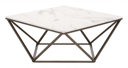 36" Antique Brass And White Faux Marble Stone Coffee Table