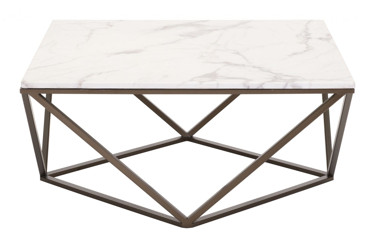 36" Antique Brass And White Faux Marble Stone Coffee Table
