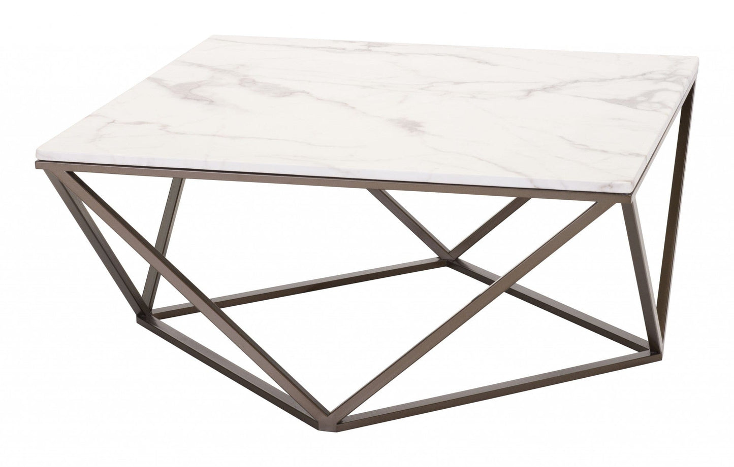 36" Antique Brass And White Faux Marble Stone Coffee Table