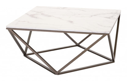 36" Antique Brass And White Faux Marble Stone Coffee Table