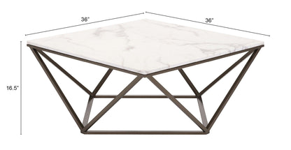 36" Antique Brass And White Faux Marble Stone Coffee Table
