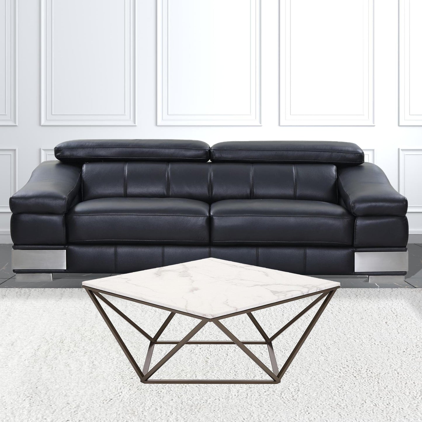 36" Antique Brass And White Faux Marble Stone Coffee Table