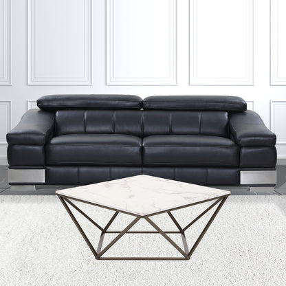 36" Antique Brass And White Faux Marble Stone Coffee Table