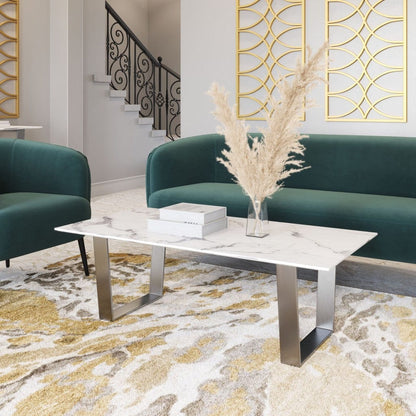Designer's Choice White Faux Marble and Steel Coffee Table