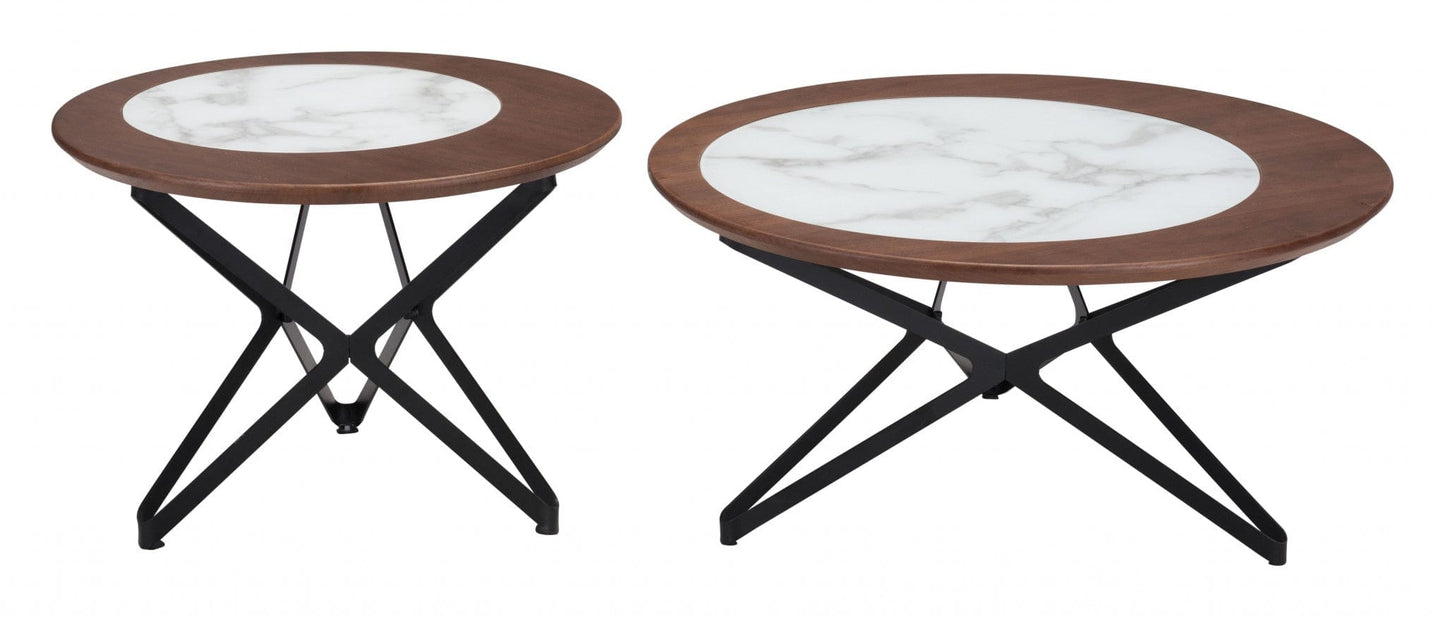 Set Of Two Brown Faux Marble and Black Coffee Tables