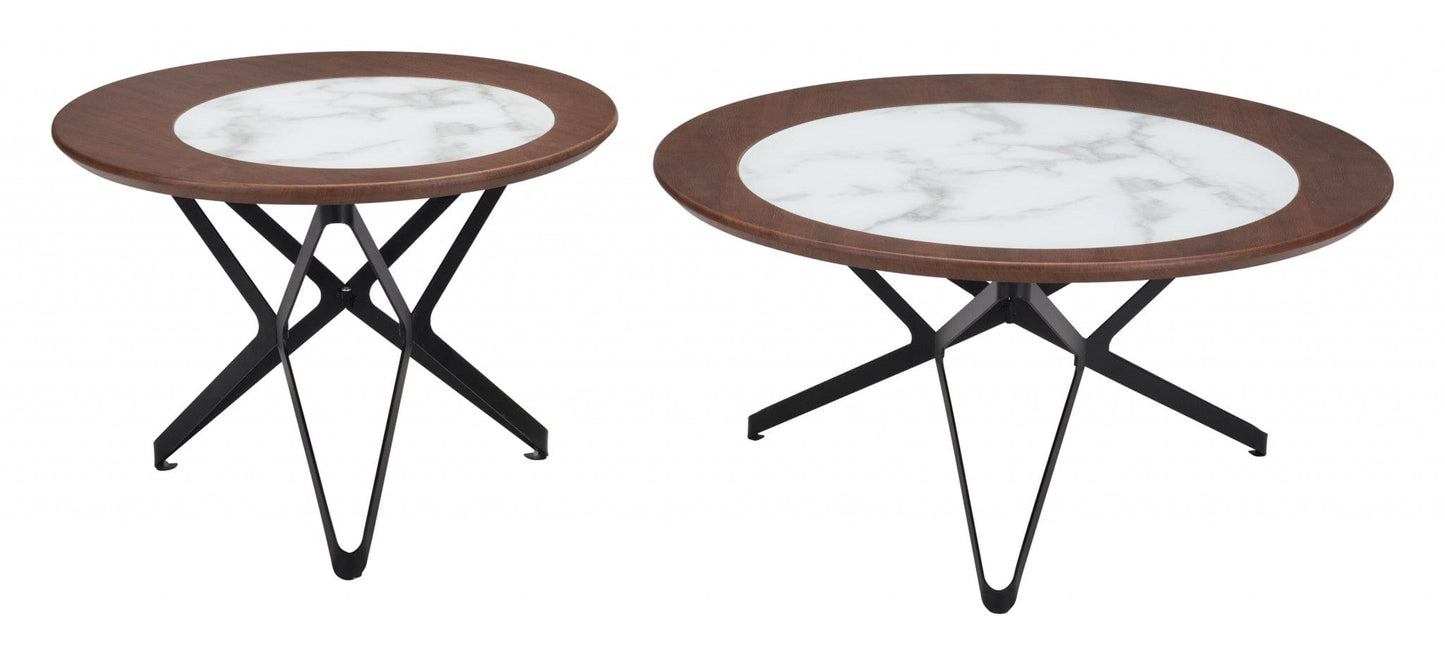Set Of Two Brown Faux Marble and Black Coffee Tables