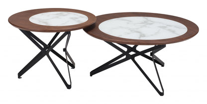 Set Of Two Brown Faux Marble and Black Coffee Tables