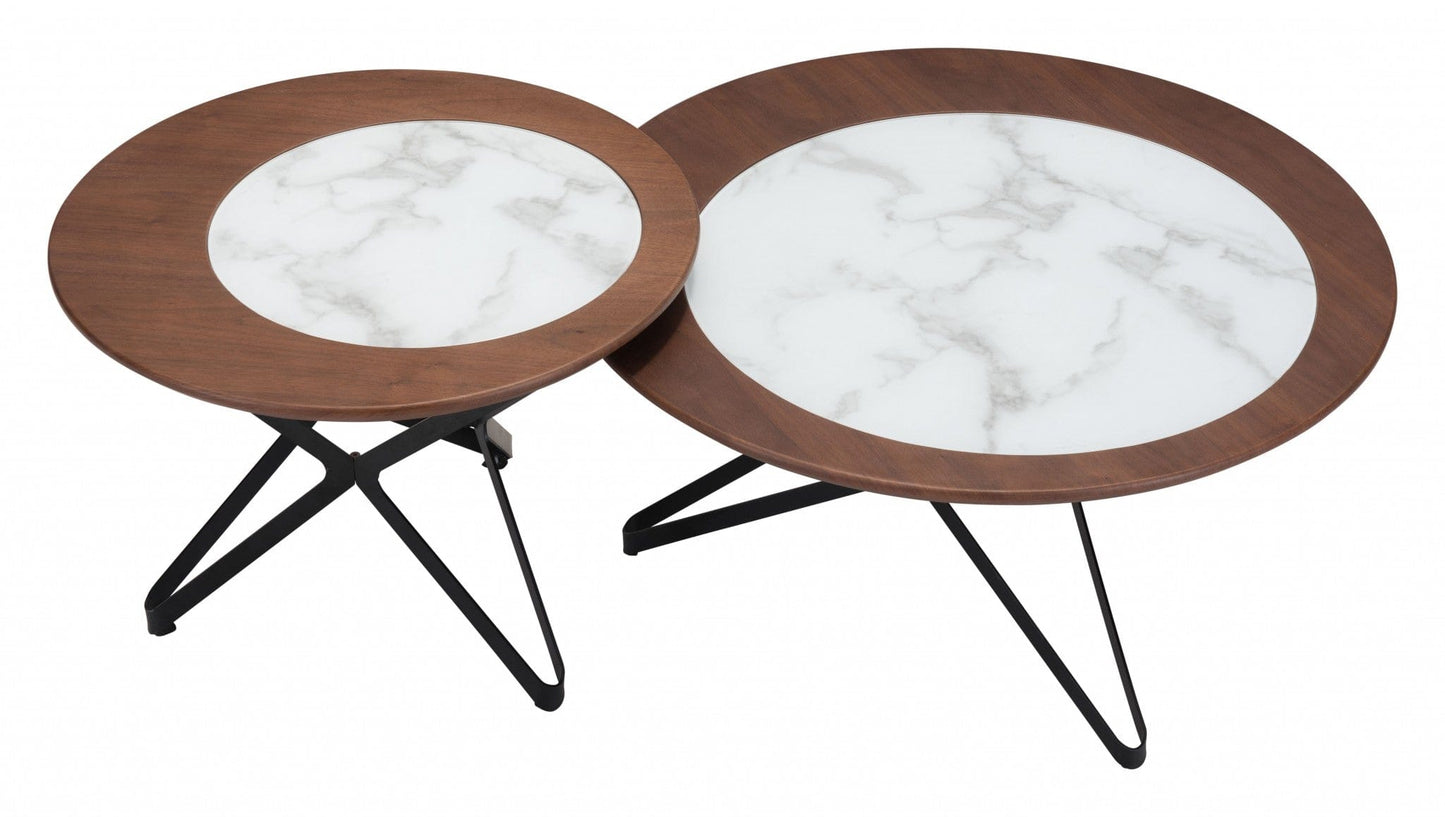 Set Of Two Brown Faux Marble and Black Coffee Tables