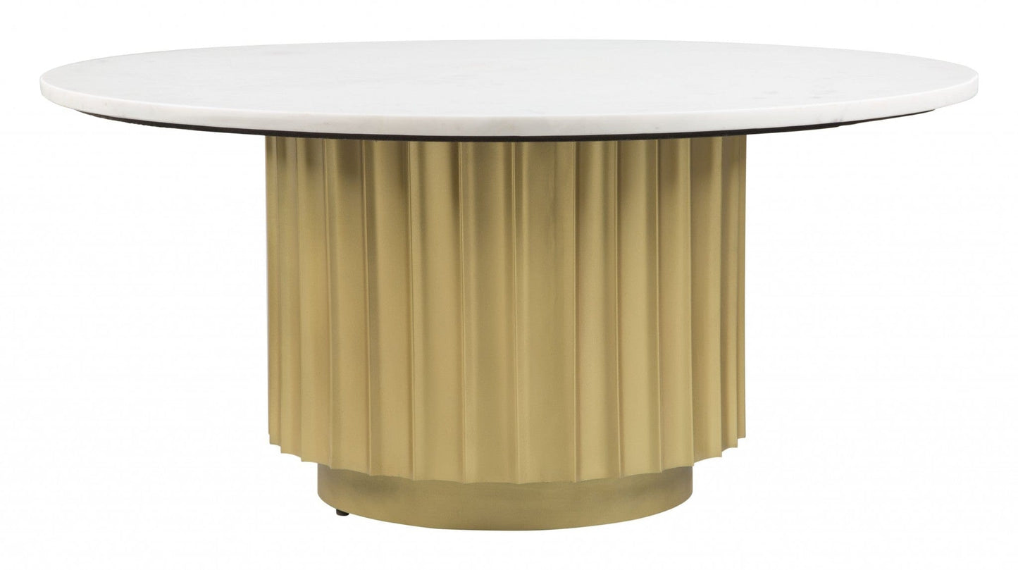 36" Gold And White Marble Pleated Pedestal Round Coffee Table