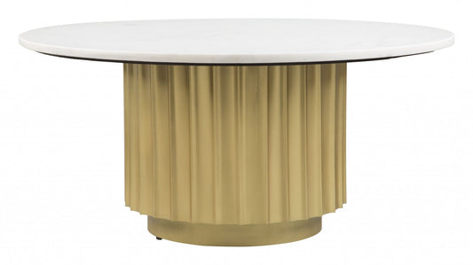 36" Gold And White Marble Pleated Pedestal Round Coffee Table