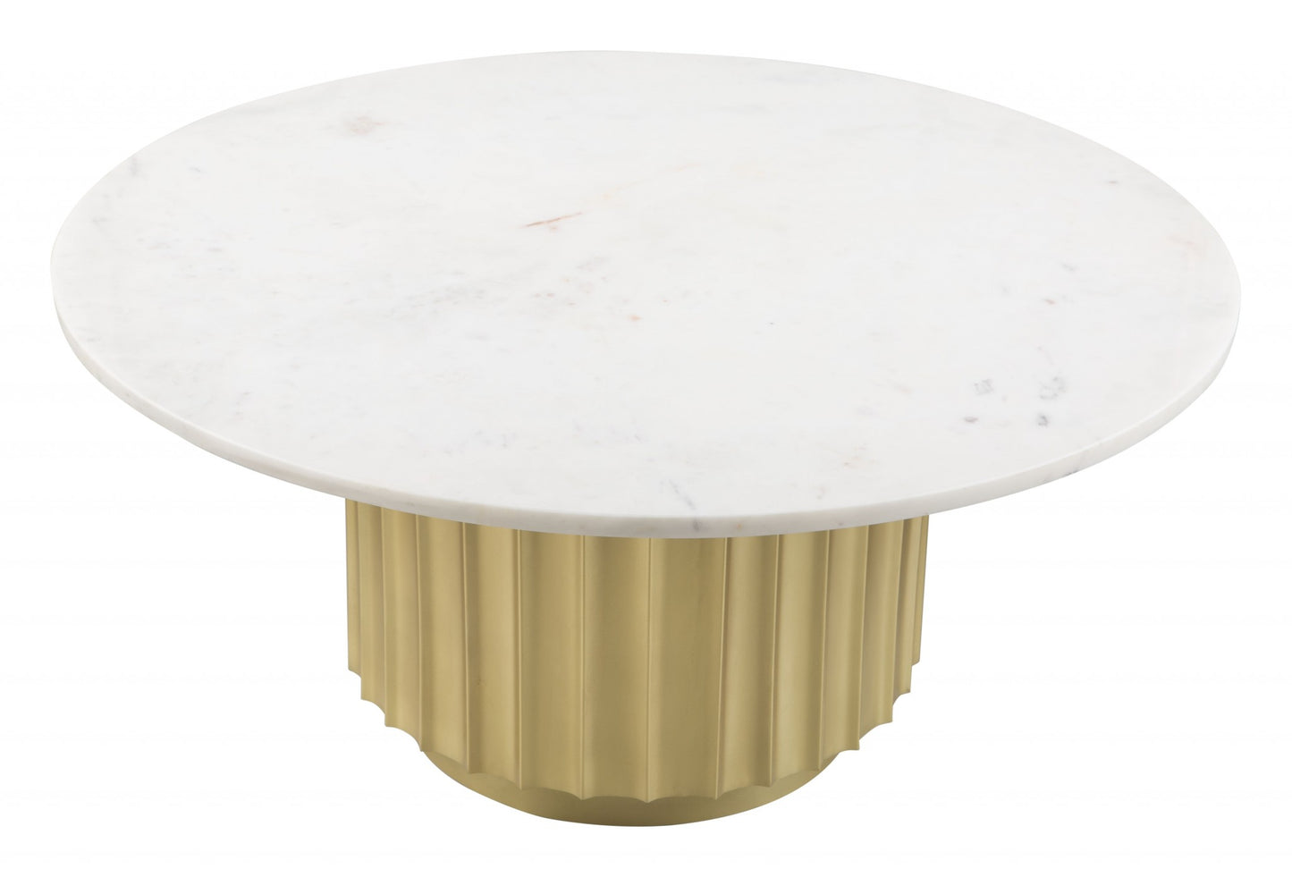 36" Gold And White Marble Pleated Pedestal Round Coffee Table