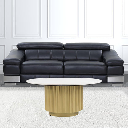 36" Gold And White Marble Pleated Pedestal Round Coffee Table