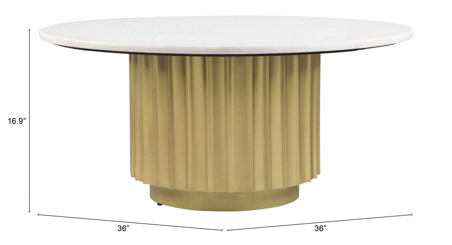 36" Gold And White Marble Pleated Pedestal Round Coffee Table