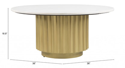 36" Gold And White Marble Pleated Pedestal Round Coffee Table