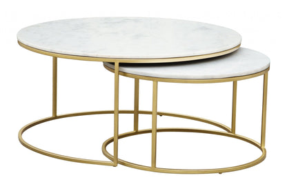 Set Of Two 36" Gold And White Round Nested Coffee Tables