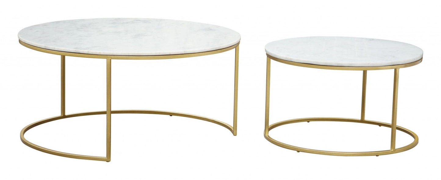 Set Of Two 36" Gold And White Round Nested Coffee Tables