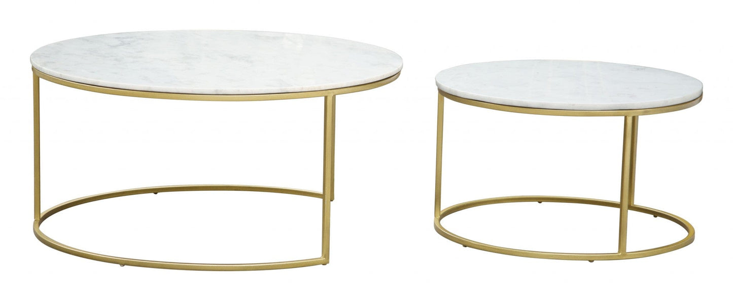 Set Of Two 36" Gold And White Round Nested Coffee Tables