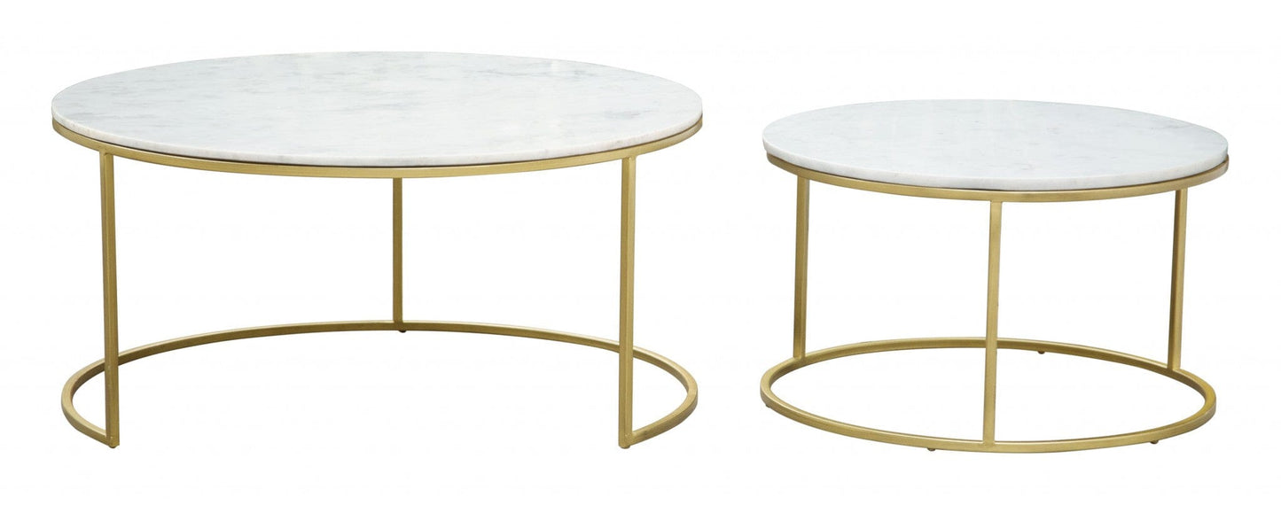 Set Of Two 36" Gold And White Round Nested Coffee Tables