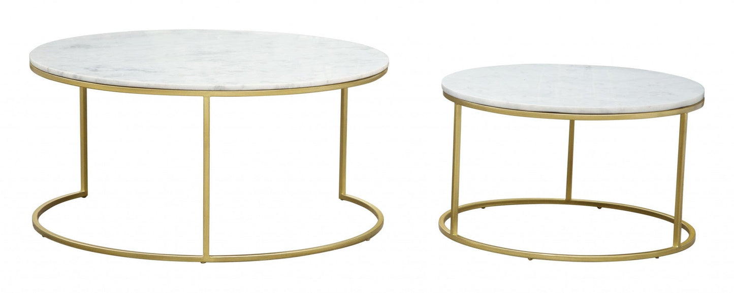 Set Of Two 36" Gold And White Round Nested Coffee Tables