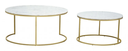 Set Of Two 36" Gold And White Round Nested Coffee Tables