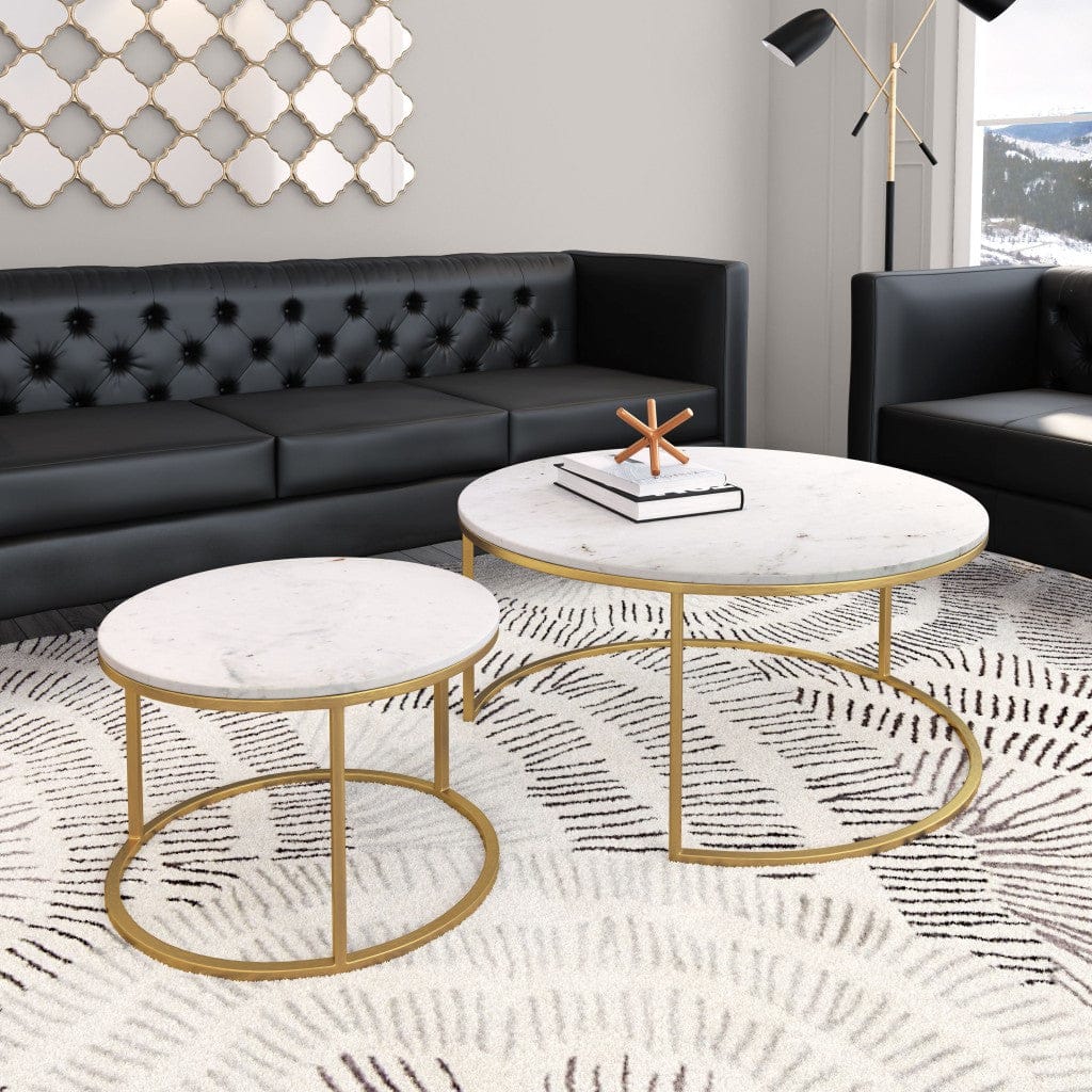 Set Of Two 36" Gold And White Round Nested Coffee Tables