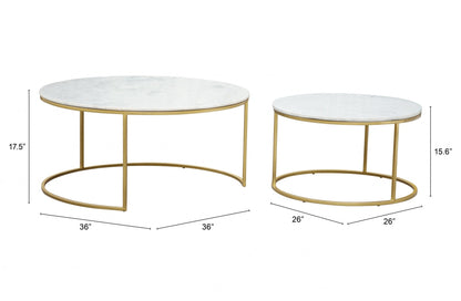Set Of Two 36" Gold And White Round Nested Coffee Tables