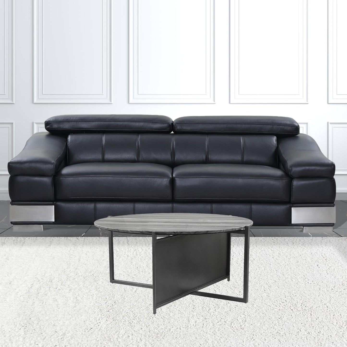 36" Black And Gray Genuine Marble Round Coffee Table