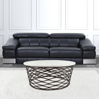 36" Antiqued Bronze And White Genuine Marble Round Coffee Table